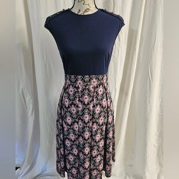 eShakti Blue and Pink A-Line Dress Knee-Length Casual - Picture 1 of 5